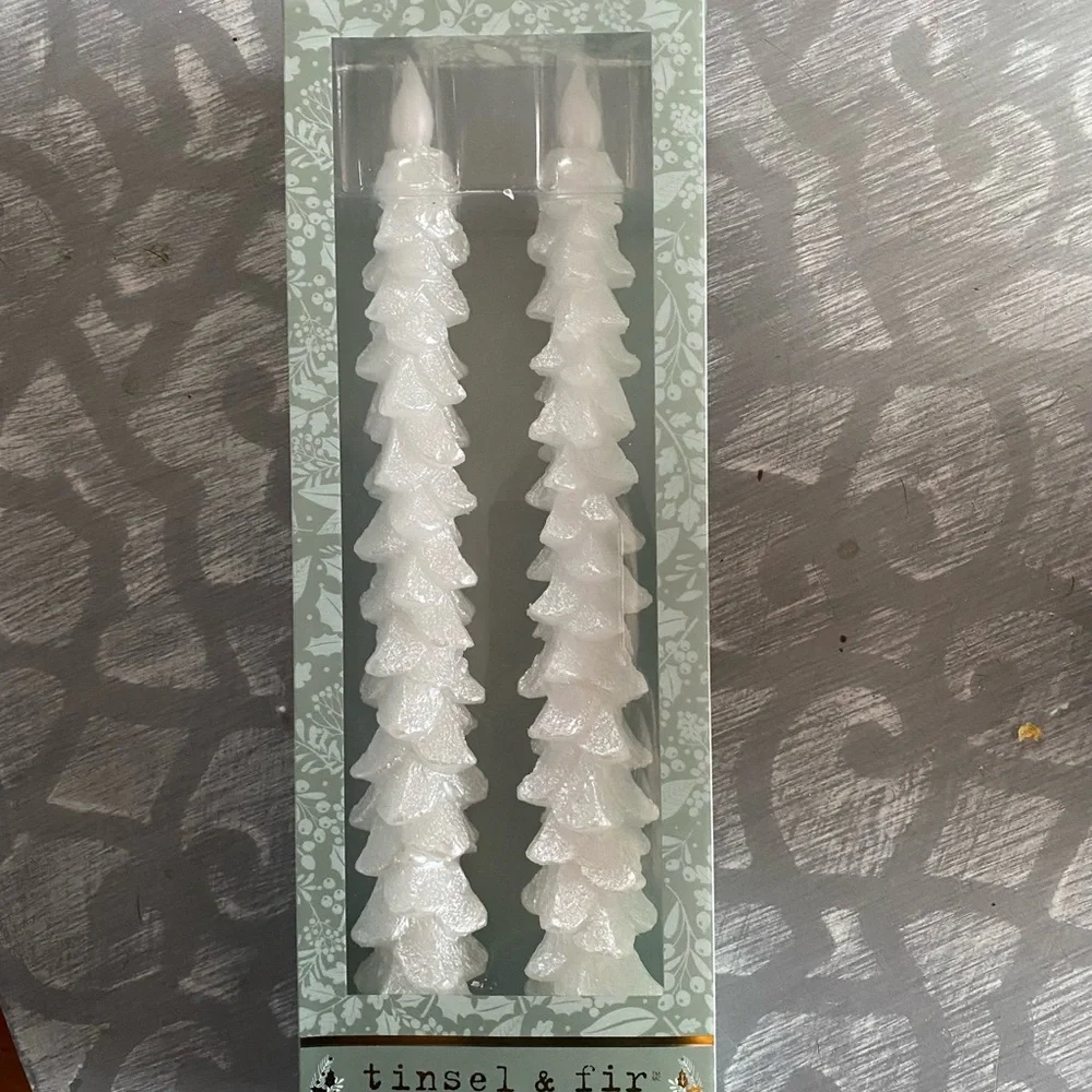 NEW Tinsel and Fir white shimmery flameless taper candle set Christmas tree